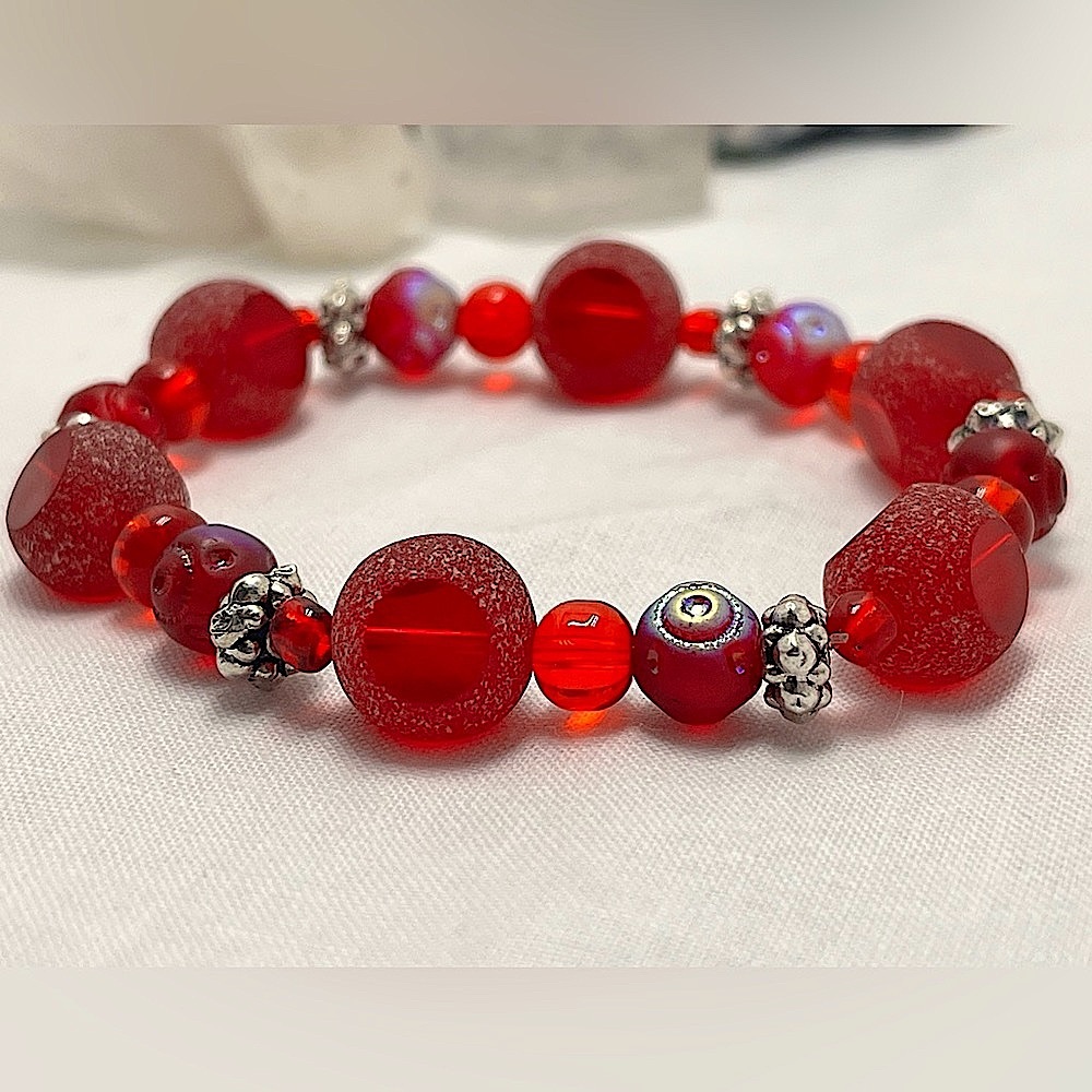 Handmade Red Frosted and Chrome Bead Stretch Bracelet
